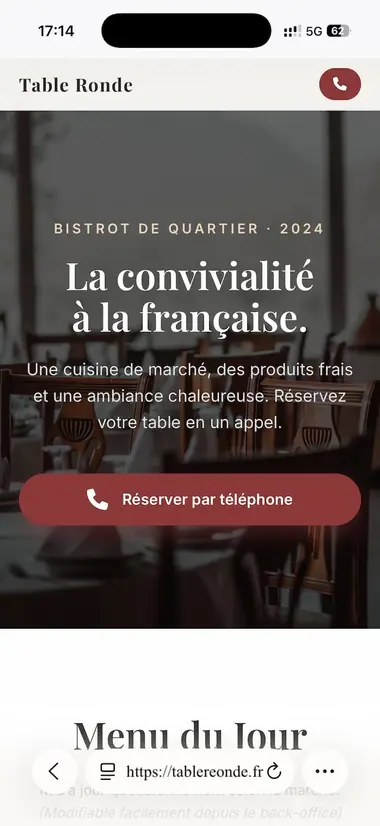 Version mobile de la landing page Table Ronde